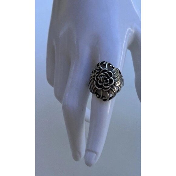 Vintaghe 925 Sterling Silver Carved Rose Flower Ring size 10 Signed Stamped - Picture 10 of 14